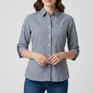 Disney Store Womens‎ Size S Blue Gingham 3/4 Sleeve Button Up Shirt Patch